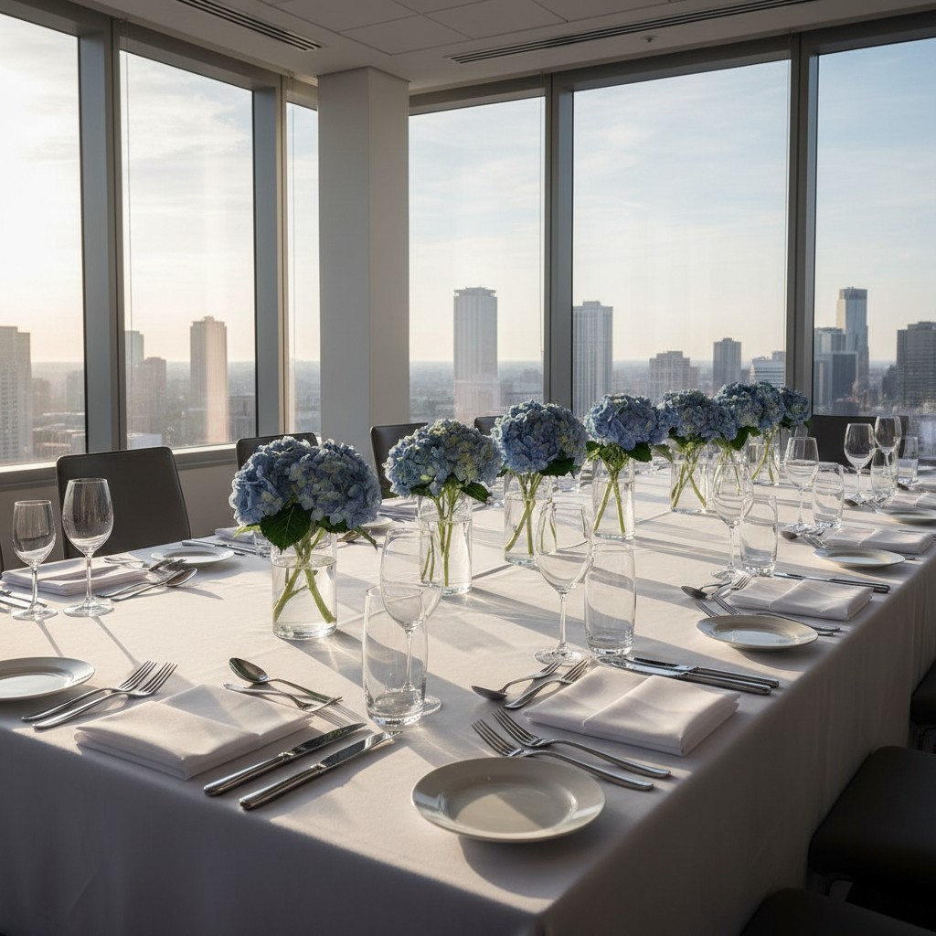 Une table de salle à manger avec des fleurs dans des verres de vin et du préservatif autour des couverts de la table.