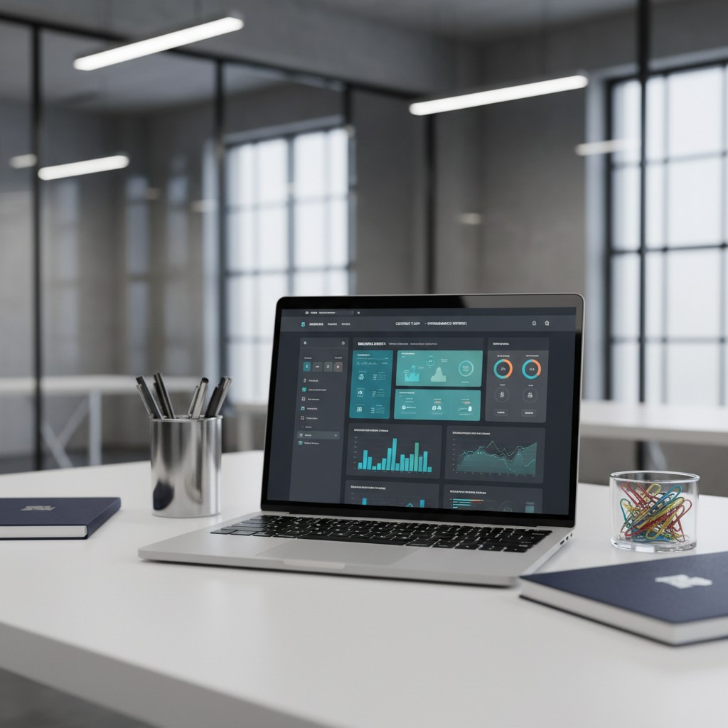 Une salle de travail avec un ordinateur ouvert afficheant une page d'affichage de données avec des statistiques et des gra...